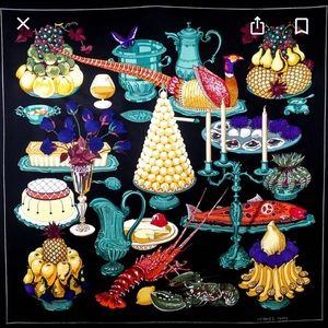 Hermès Gastronomie Black Silk Scarf & Gift Box